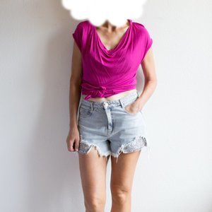 MNG by Mango Tunic Long Top Size Small Mulberry Pink Draped Neck Stand Collar